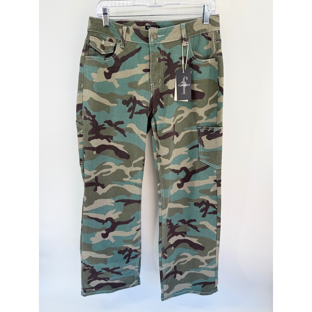 Flamingals Womens Camo Cargo Pants Green Camouflage Utility Straight Leg NEW